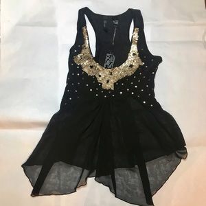 NWT Buckle Boutique Sheer Black and Gold Sequin Scoop Neck Sleeveless Top, M
